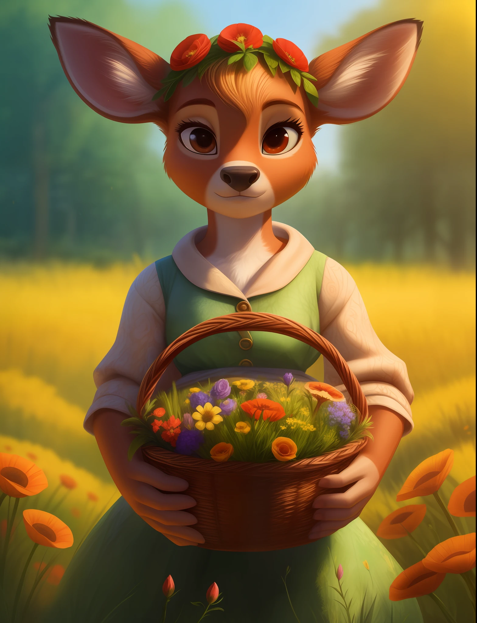 (pixarstyle:1.25) a waist-length portrait of a little deer with a basket of flowers, overgrown with poppy flower, natural skin texture, 4k textures, hdr, intricate, highly detailed, sharp focus, cinematic look, hyperdetailed