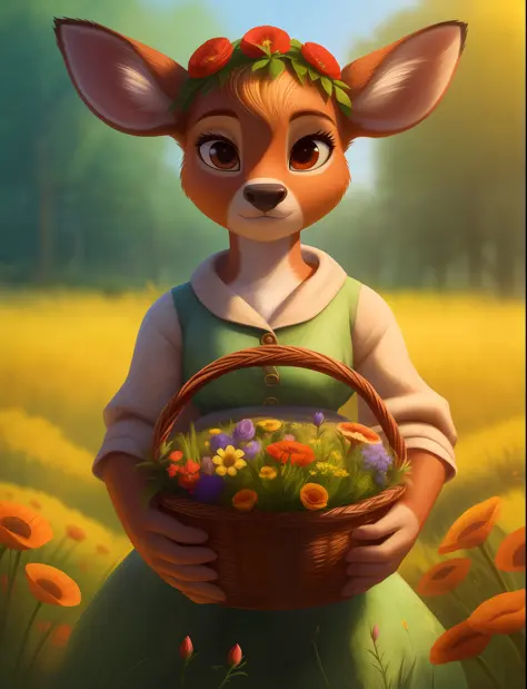 (pixarstyle:1.25) a waist-length portrait of a little deer with a basket of flowers, overgrown with poppy flower, natural skin t...