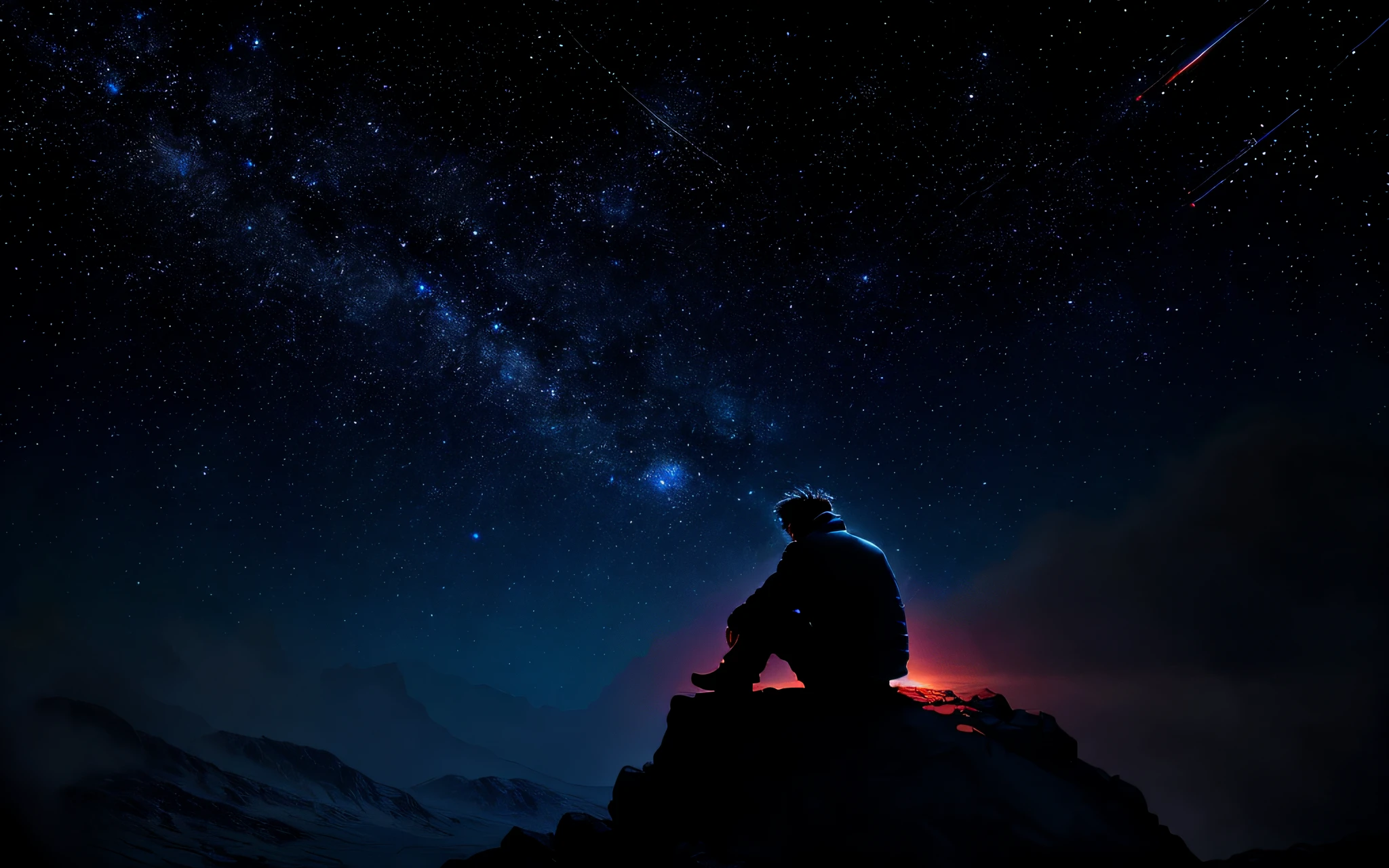 "silhouette of a lonely man sitting, lost in thought as he gazes in wonder at the starry night sky, in an epic composition of blue and red colors, with bright stars twinkling."