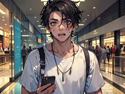 (a boy in a white shirt and short black hair standing in the mall looking at the camera: 1.5) (holding a mobile phone in his han...