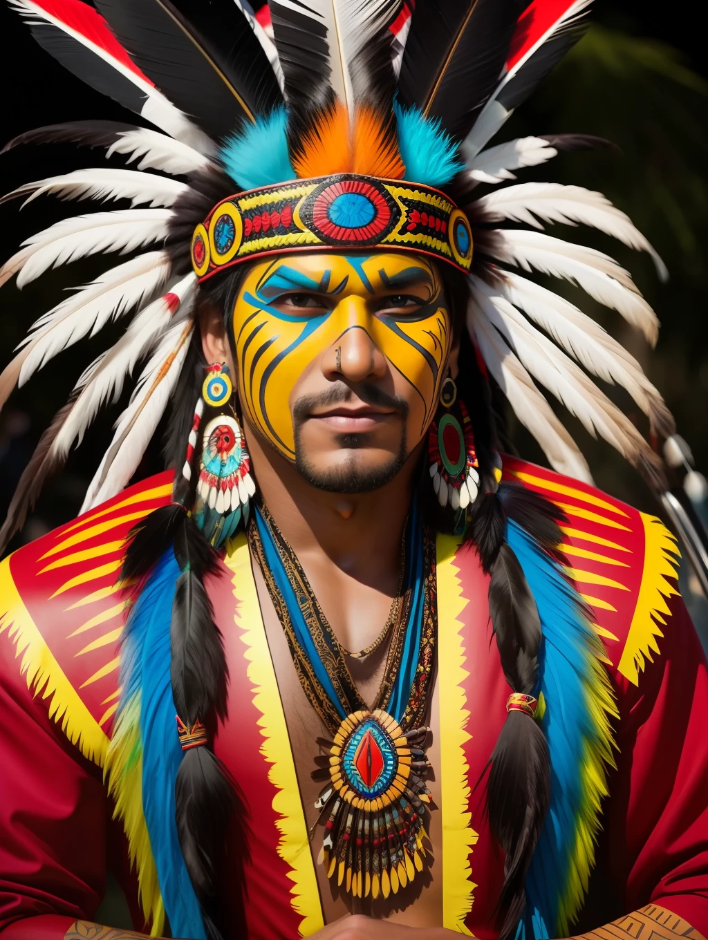 An insanely handsome man with a vibrant Native American carnival costume, his face is painted with intricate tribal designs.