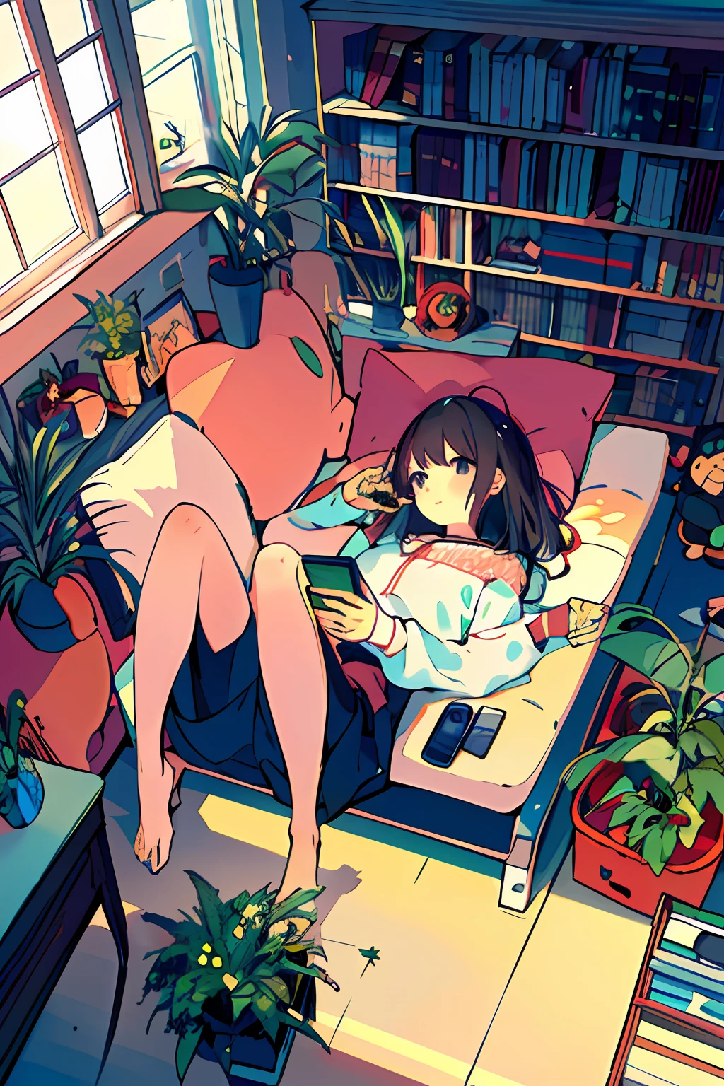 One girl, from above, plant, black hair, cat, lying down, indoors, holding, long sleeve, long hair, stuffed animal, potted plant, book, food, window, telephone, loaded interior, television, short hair, on the back, plush toy, bangs, slippers, barefoot, sitting, bookcase, shelf, cable, computer