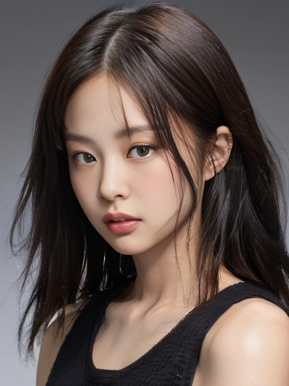 best quality, jjennie face shape, super high resolution, supermodel, (realism: 1 girl.8), RAW photo, 1 girl a girl, bare shoulders, wearing black vest, looking at the camera head-on, ID photo, sexy, black background, in the dark, deep shadow, understated, cold light