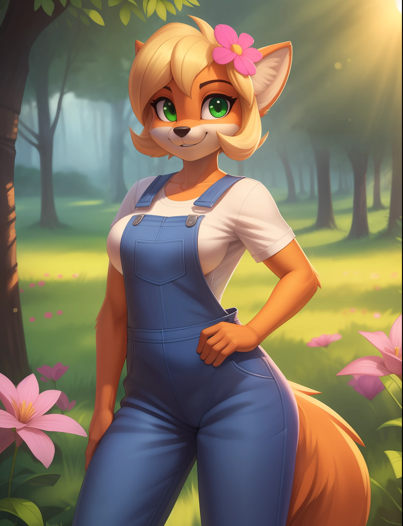 [Coco bandicoot], [Uploaded to e621.net; (Pixelsketcher), (wamudraws)], ((masterpiece)), ((solo portrait)), ((furry; anthro)), ((detailed fur)), ((raytracing)), ((detailed shading)), ((beautiful 3D art)), {anthro; (orange fur, black nose, pointed ears), cute green eyes, happy smile, (white shirt, small , blue denim overalls), (pink flower in hair), pink sneakers}, ((standing; pink laptop on hip) attractive pose), [background; flower plains; (trees, sun rays through trees)]