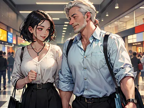 (in a bustling shopping mall, a middle-aged man wearing a white shirt and short black hair and a middle-aged woman in a white sh...