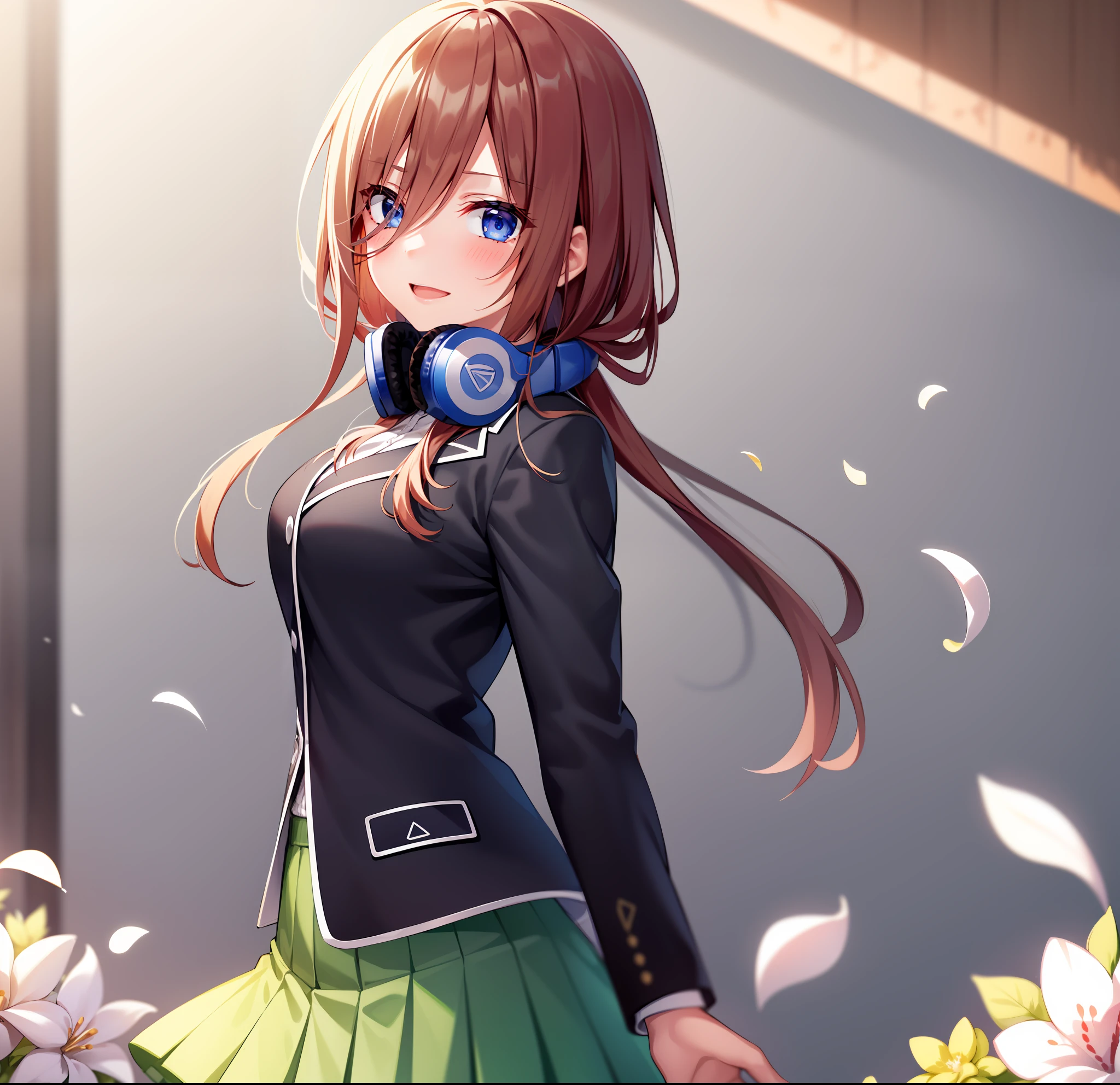 Masterpiece, Max Quality, Anime, Very Detailed, 1GIRL, Solo、、、、、、、、、、、、、, Full Body, Witty and Beautiful Facial Features, Embroidery Patterns, Dynamic Pose, ICBM, Detailed Details, Fashion, Cinematic Light, Detailed Clothing Texture, Game CG, Bright Art Style, (((Real Shadow)), Smile, Bright Background, Blurry background, witty and beautiful facial features, embroidery patterns, dynamic poses, ICBM, detailed details, fashion, cinematic lights, detailed clothing textures, game CG, bright art style, real shadows, (Fifth Bride Wind)), (Mirai Nakano)), black jacket, blazer, blazer, white line blazer, green skirt, kamisablanca, (light blue sweater) , black tights, headphones around the neck, pink-brown hair, long hair, hair above the right eye, jig eyes, large bast, {{masterpiece}}, {{highest quality}}, {{high quality}}, {{exquisite}}, {{beautiful}}, }, {{high resolution}}, {{absurdity}}, {{detail}}, {{very detailed}}, {{insanely detailed}}, {{ultra high resolution}}, {{detailed eyes}}, {{hyper detailed eyes} },{{Detail face}},{{Ultra detailed face}},From top,Girl in center,disheveled hair,fluttering petals,blue sky,lawn,hands outstretched towards us,outdoors,flower garden