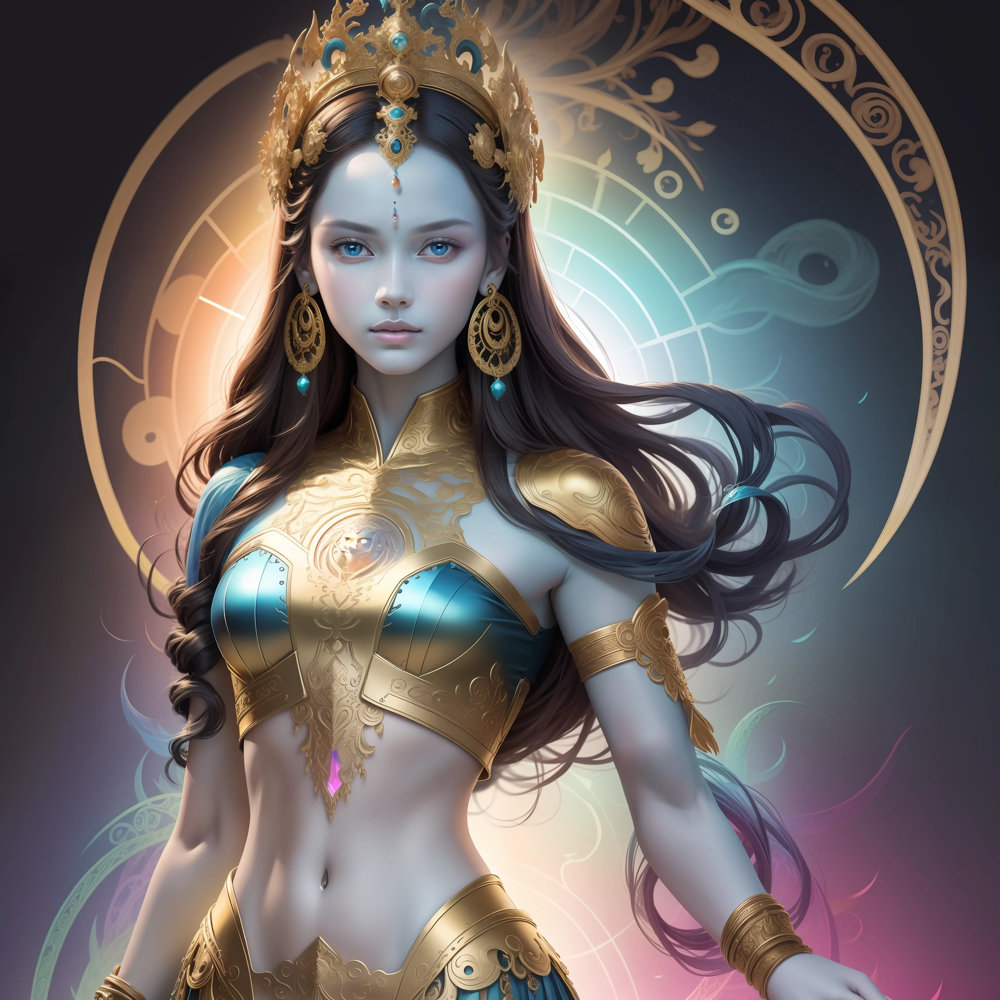 (Masterpiece, Top Quality, Best Quality, Official Art, Beauty and Aesthetics: 1.2), (1girl: 1.3), (Blue Skin), Very Detailed, (Fractal Art: 1.2), Colorful, Most Detailed, (Zentangle: 1.2), (Dynamic Pose), (Abstract Background: 1.5), (Traditional Clothing: 1.2), (Shiny Skin), (Multiple Colors: 1.4),
