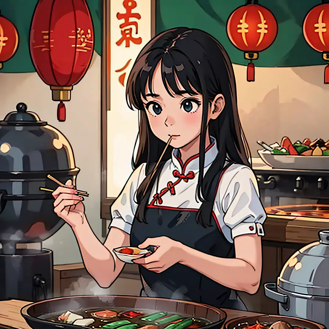 a girl； cartoon style; eating skewers; Guochao style --auto