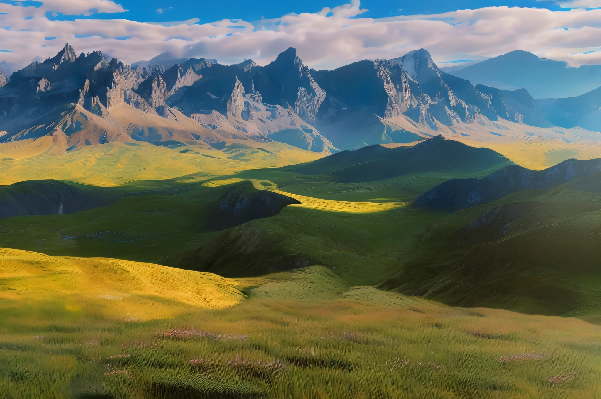 8K, Masterpiece, RAW, Realistic, Plateau, Meadow, Blue Sky, White Clouds, Mountains in the Distance, Canyons in the Distance