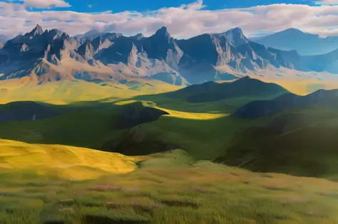 8k, masterpiece, raw, realistic, plateau, meadow, blue sky, white clouds, mountains in the distance, canyons in the distance