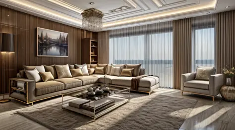 luxury bedroom, masterpiece, best quality, super detail, ultra high resolution, raw photo, 8k, modern living room, ( fabric sofa), (fabric pillow), imitation stone plastic paneling, brown and white, luxury, enchanting light style, light yellow and light bl...
