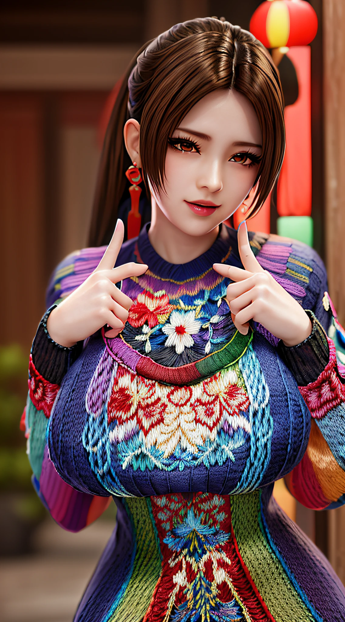 long shot,nighttime,akiryo-mai ,Necklaces, earrings,Brownish red hair,Shy, blushing,see-through,(vibrant rainbow color scheme art; Suzhou embroidery technology; knitted sweater hole dress:1.6),(sweat:1.25), (Rose-tattoos :1.2) ,(((solo))),depth of field,(Masterpiece:1.5),(best quality:1.4),extremely detailed ，3D,Cinema-4D , 8k,Photorealistic ,( Charming female body), (gigantic breasts),Facing the camera, Pink lips,(((Finger details))),Subject centered,(((Extra hands))), (((extra legs))),