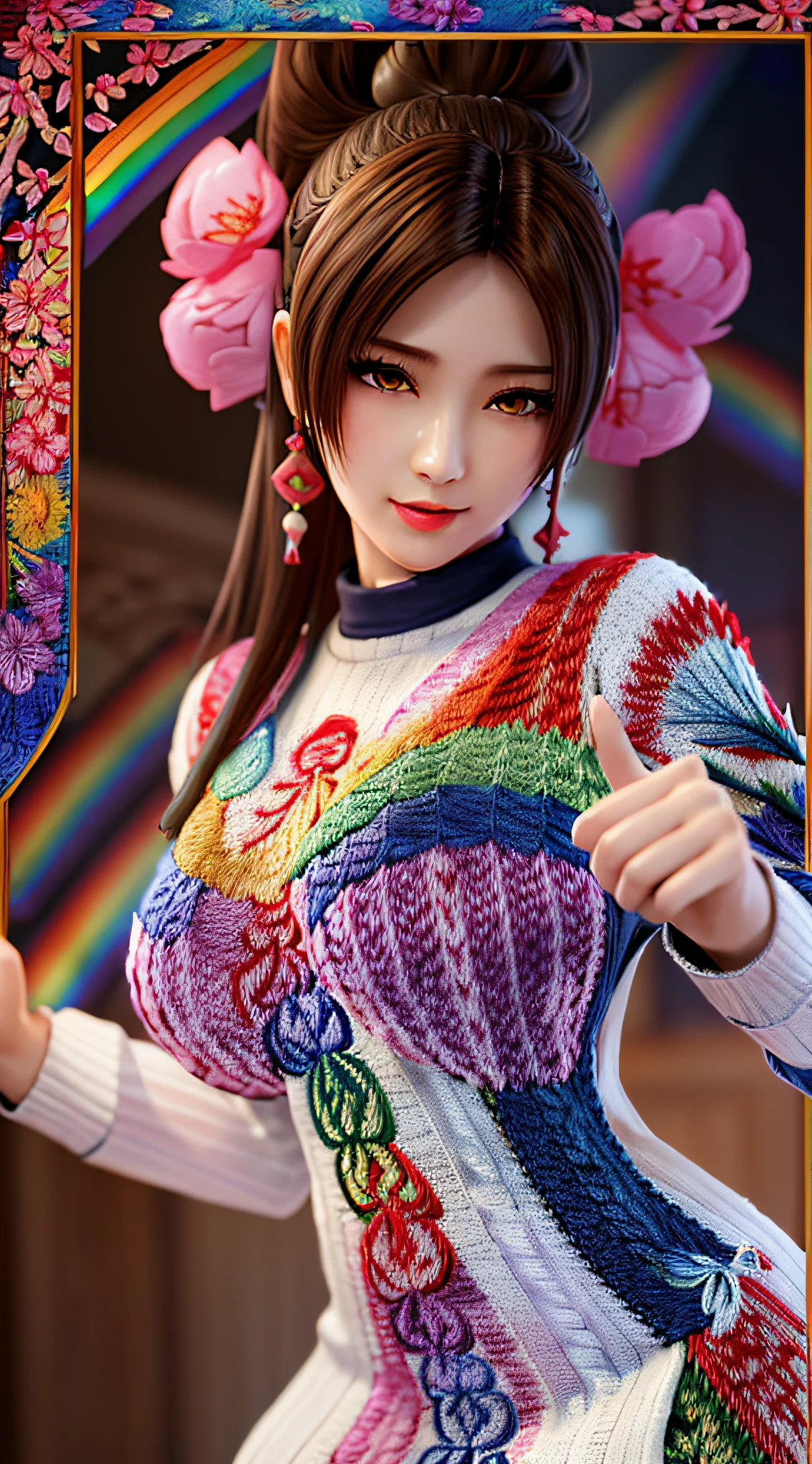long shot,nighttime,akiryo-mai ,Necklaces, earrings,Brownish red hair,Shy, blushing,see-through,(vibrant rainbow color scheme art; Suzhou embroidery technology; knitted sweater hole dress:1.6),(sweat:1.25), (Rose-tattoos :1.2) ,(((solo))),depth of field,(Masterpiece:1.5),(best quality:1.4),extremely detailed ，3D,Cinema-4D , 8k,Photorealistic ,( Charming female body), (gigantic breasts),Facing the camera, Pink lips,(((Finger details))),Subject centered,(((Extra hands))), (((extra legs))),
