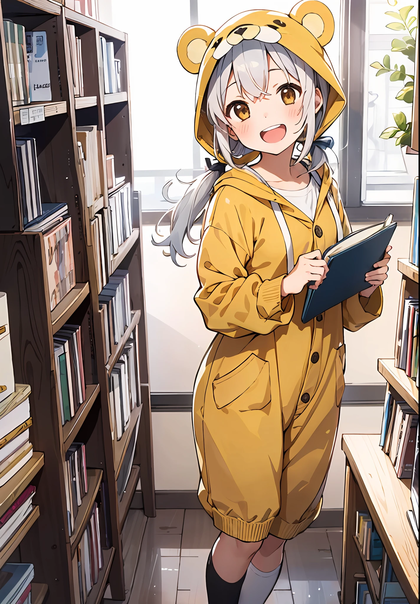 //
[(white background:1.5)::5],
//
(solo:1.2),1girl,chibi,smile,open mouth,closed eyes,white hair,low twintails, bear ears, full body, standing,(yellow animal costume:1.2), hood up, at home,growth,bookshelves, cats, books, cups, clocks,