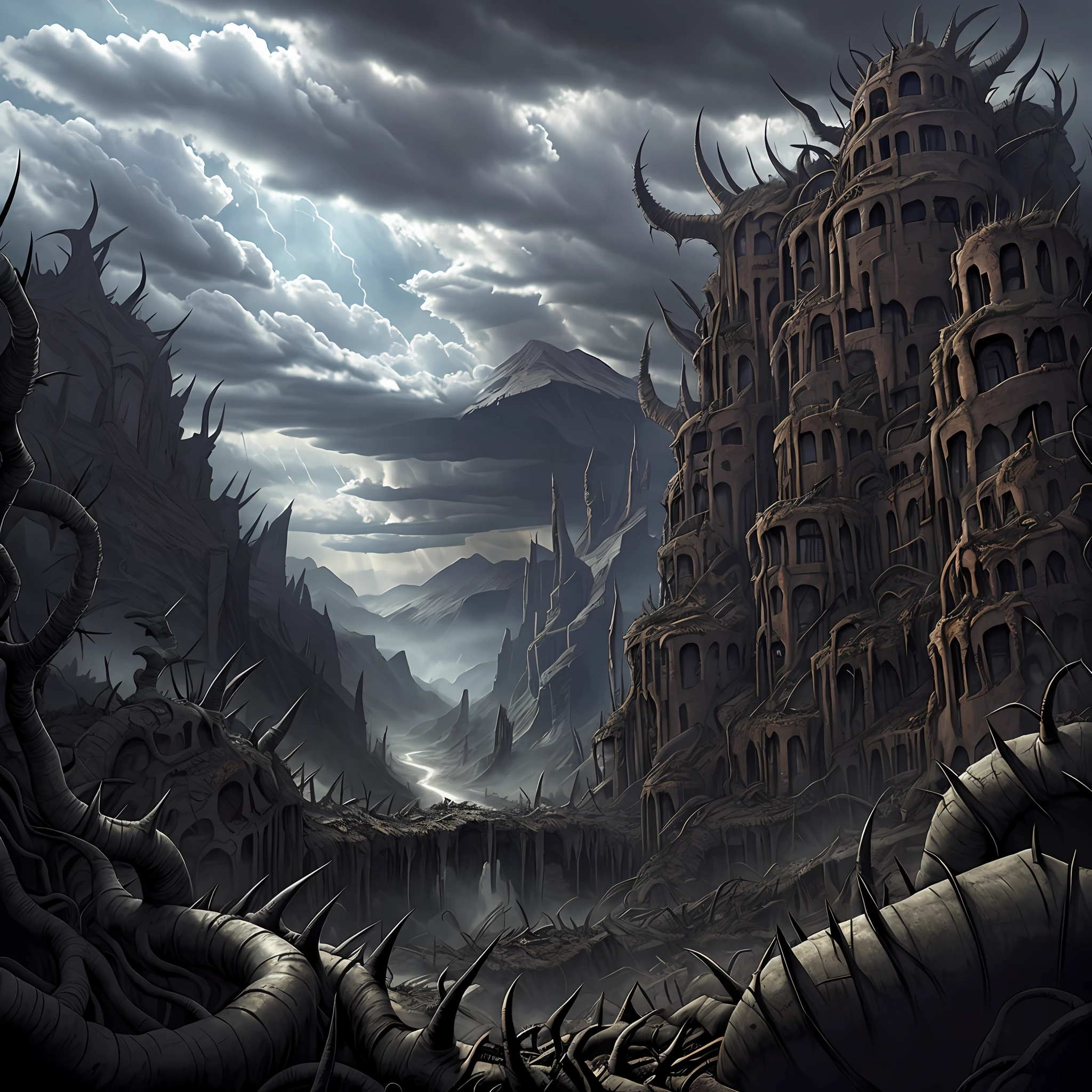 Extreme cracked open in the ground, Valley of madness in background. Thorns, chaos, devastation, dramatic cloudy sky. Horror art, unreal engine, sketch color drawing.