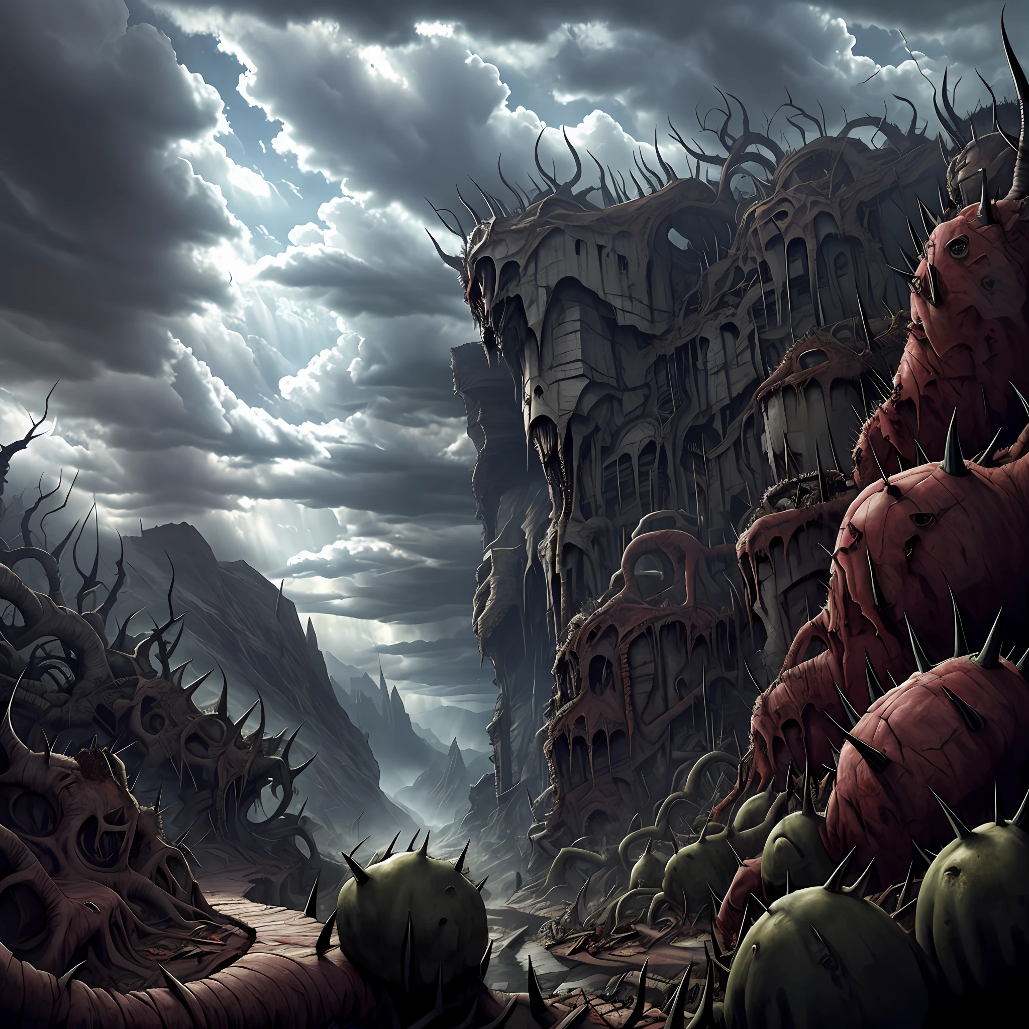 Extreme cracked open in the ground, Valley of madness in background. Thorns, chaos, devastation, dramatic cloudy sky. Horror art, unreal engine, sketch color drawing.