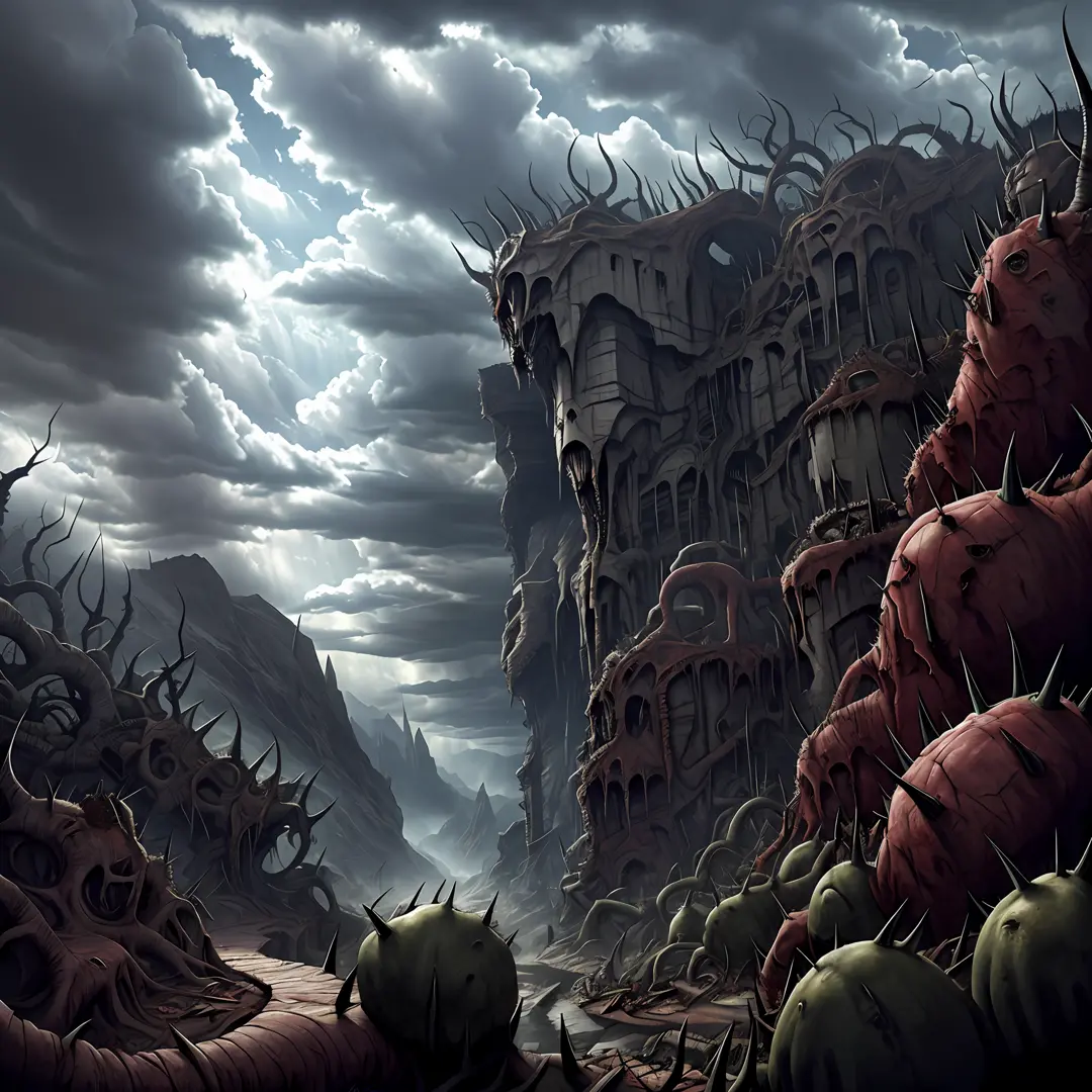 Extreme cracked open in the ground, Valley of madness in background. Thorns, chaos, devastation, dramatic cloudy sky. Horror art...