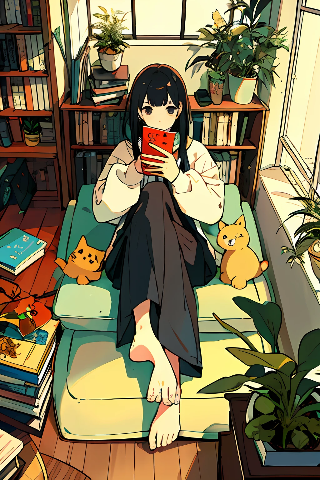 a girls, from above, plant, black hair, cat, lying, indoors, holding, long sleeves, long hair, stuffed toy, potted plant, book, food, window, phone, loaded interior, television, short hair, on back, stuffed animal, bangs, slippers, barefoot, sitting, bookshelf, shelf, cable, computer