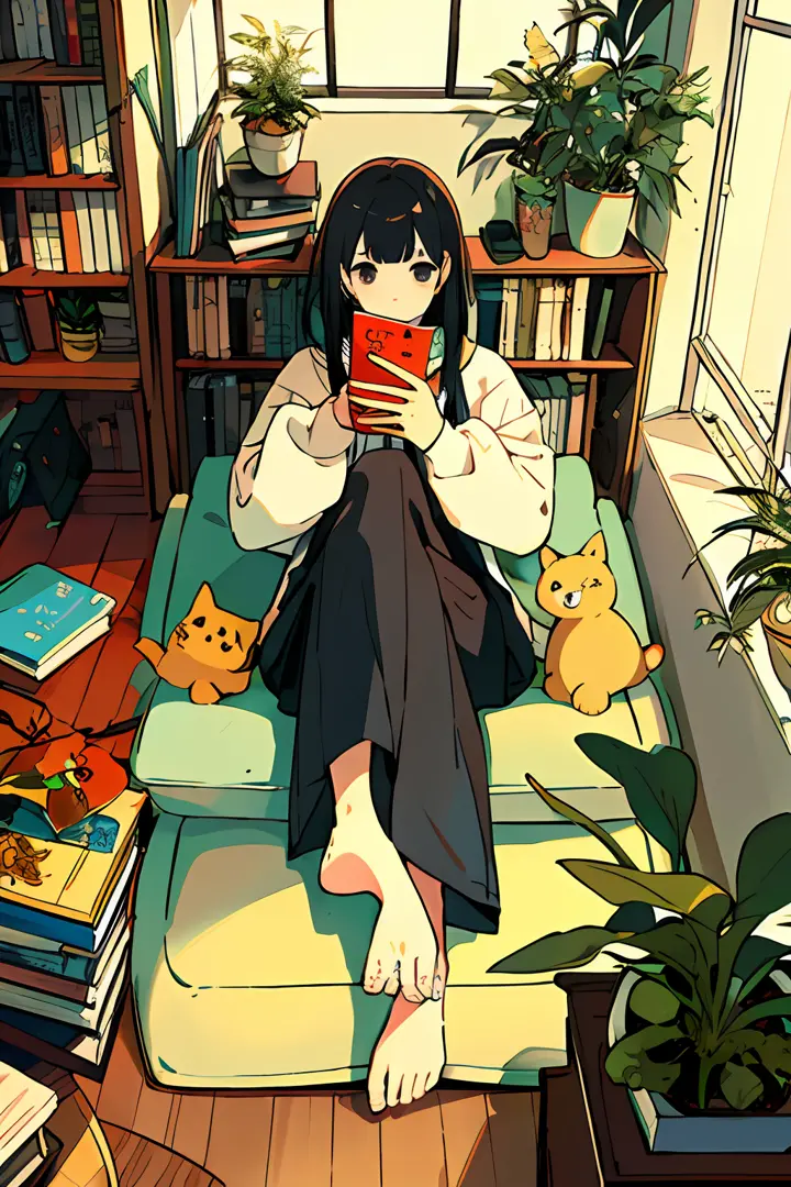 a girls, from above, plant, black hair, cat, lying, indoors, holding, long sleeves, long hair, stuffed toy, potted plant, book, ...