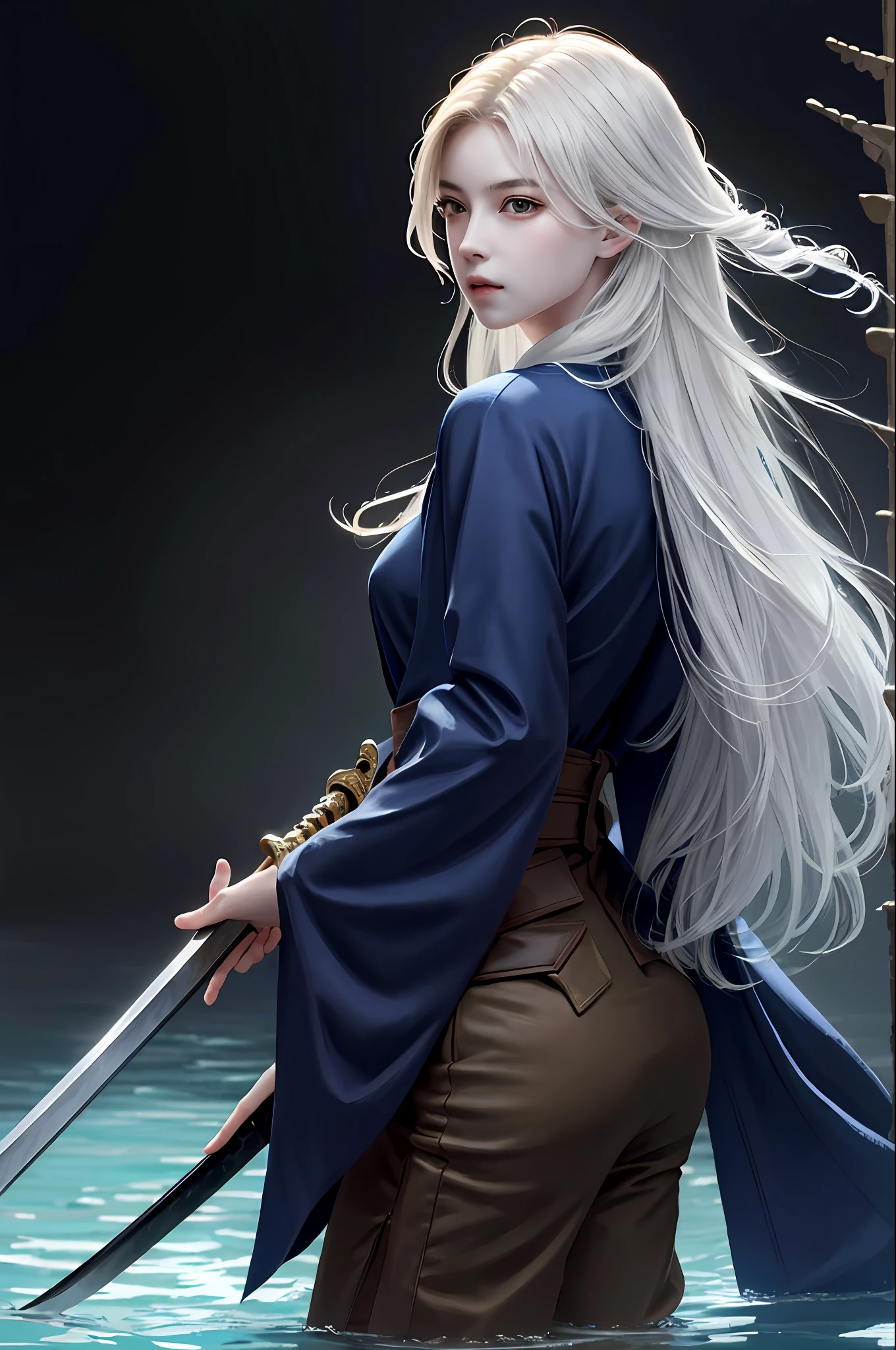 masterpiece, realistic, realism, photorealism, high contrast, photorealistic digital art trending on Artstation 8k HD high definition detailed realistic, 1girl,((water,water ring)), weapon, sword, solo, katana, holding, water, grey eyes, holding weapon, japanese clothes, holding sword, white hair, long hair, kimono, black hair, wide sleeves, long sleeves, lips, cowboy shot, black background, back, parted lips,art by artgerm and ruan jia and greg rutkowski surreal painting,detailed, skin texture, hyper-detailed, realistic skin texture,