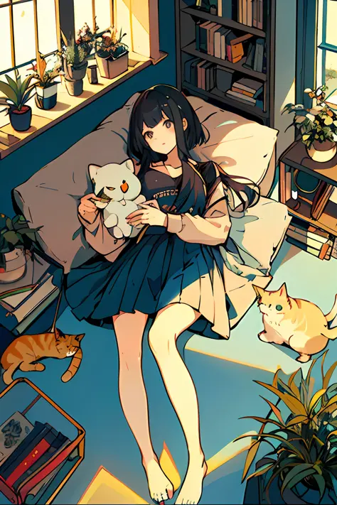 One girl, from above, plant, black hair, cat, lying down, indoors, holding, long sleeve, long hair, stuffed animal, potted plant...