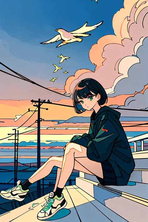 masterpiece, intricate detail,best quality, 1girl, solo, railing, cloud, sitting, outdoors, whale, short hair, shoes, sky, long ...