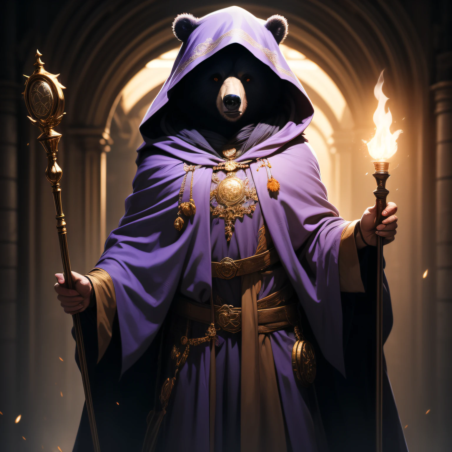 a Bear blood sorcerer with detailed Bear facial features wearing a purple and gold hooded cloak detailed, and holding the wand of violet flame and staff with light, highly detailed