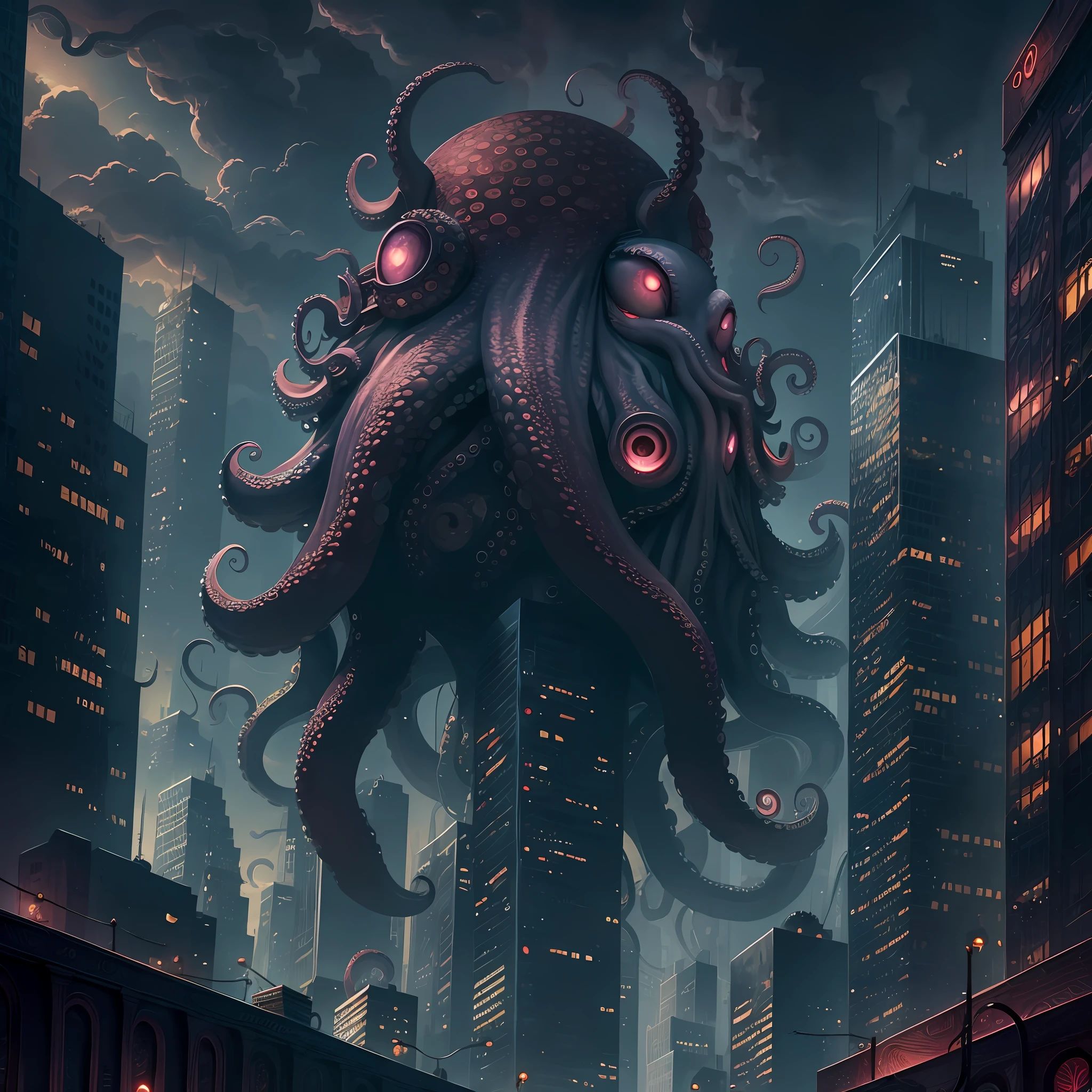 (OHWX) (An octopus-like monster with tentacles, wings, claws, many red glowing eyes and slimy body) girl looking up to a huge monster, building street, disturbing scene, close-up, photography, natural light, photorealism, cinematic rendering, ray tracing, highest quality, best detail, Cinematic, Third Person View, Blur Effect, Long Exposure, 8K, Ultra HD, Natural Lighting, Moody Lighting, Cinematic Lighting --auto