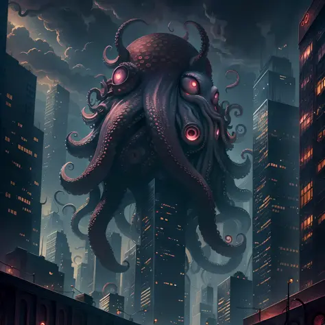 (OHWX) (An octopus-like monster with tentacles, wings, claws, many red glowing eyes and slimy body) girl looking up to a huge mo...