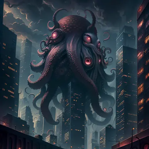 (ohwx) (an octopus-like monster with tentacles, wings, claws, many red glowing eyes and slimy body) girl looking up to a huge mo...