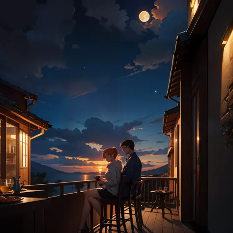 Couple sitting on balcony looking at moon, watching sunset, 4K manga wallpaper