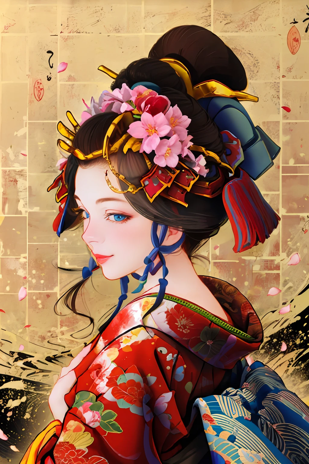 A. 🌸 Beautiful kimono like oiran with deep blue eyes, black hair and shining hair ornaments, portrait of a woman with a pretty smile and red lipstick, background that creates elegance, red petals fluttering in the wind