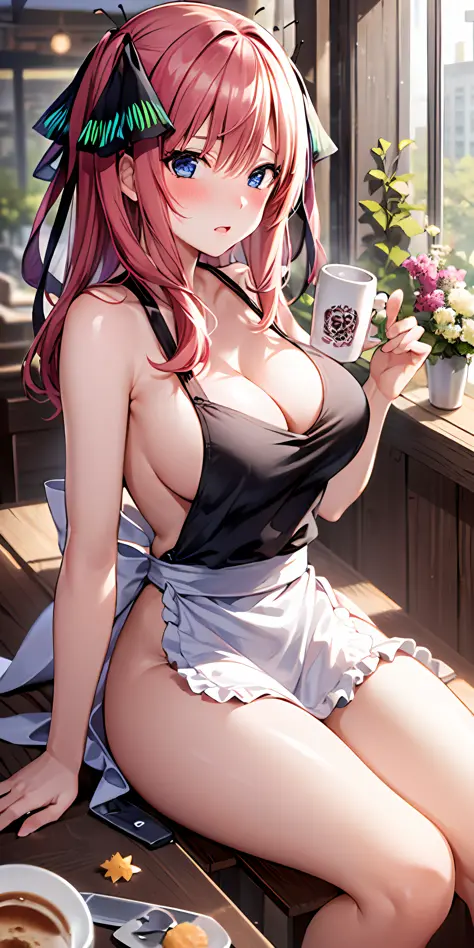 1girl, solo, nakano nino, pink hair, butterfly hair ornament, (naked:1.3), (white apron), large breasts, cleavage, thighs, cafe background, (blushing:1.3)