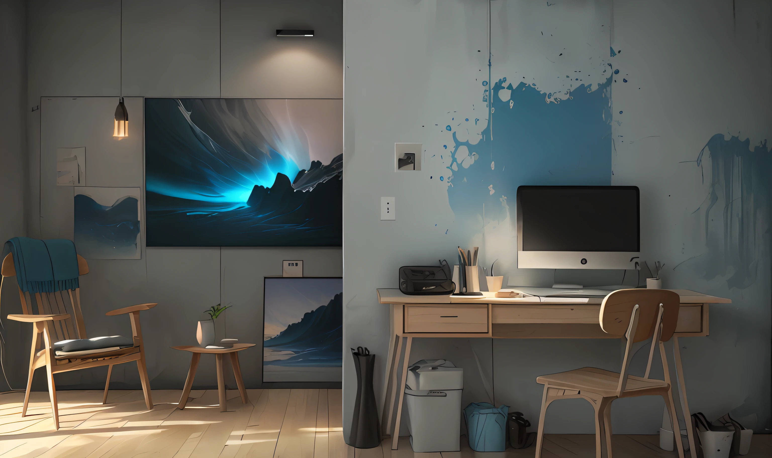 blue gray interior painting wall cinematic lighting