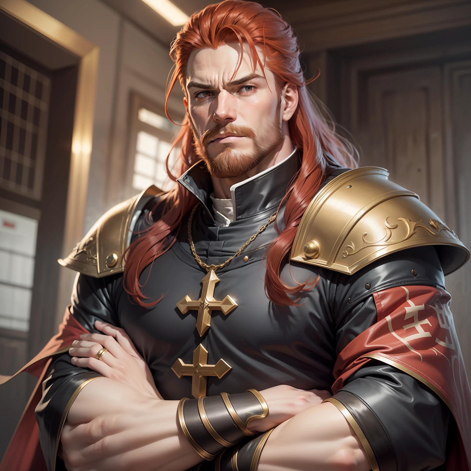 Realistic image of a strong, tall, red-haired man with mullets, thinning beard, dressed in black cleric's costumes with red accents and with shoulder pads, anime character style art, arms crossed next to an official government car