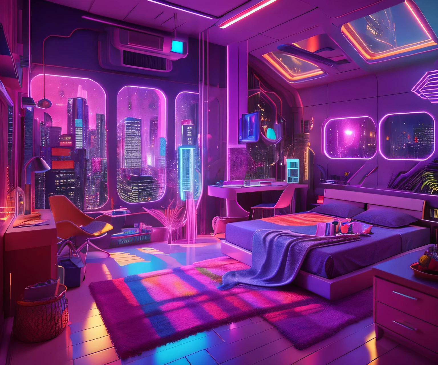 ((masterpiece)), (ultra-detailed), (intricate details), (high resolution CGI artwork 8k), Create an image of a woman's bedroom with low lighting. One of the walls should feature a big window with a busy, colorful, and detailed cyberpunk cityscape. Futuristic style with lots of colors and LED lights. The cityscape should be extremely detailed with depth of field. Utilize atmospheric lighting to create depth and evoke the feel of a busy futuristic city outside the window. Pay close attention to face details like intricate, hires eyes and bedroom accents.