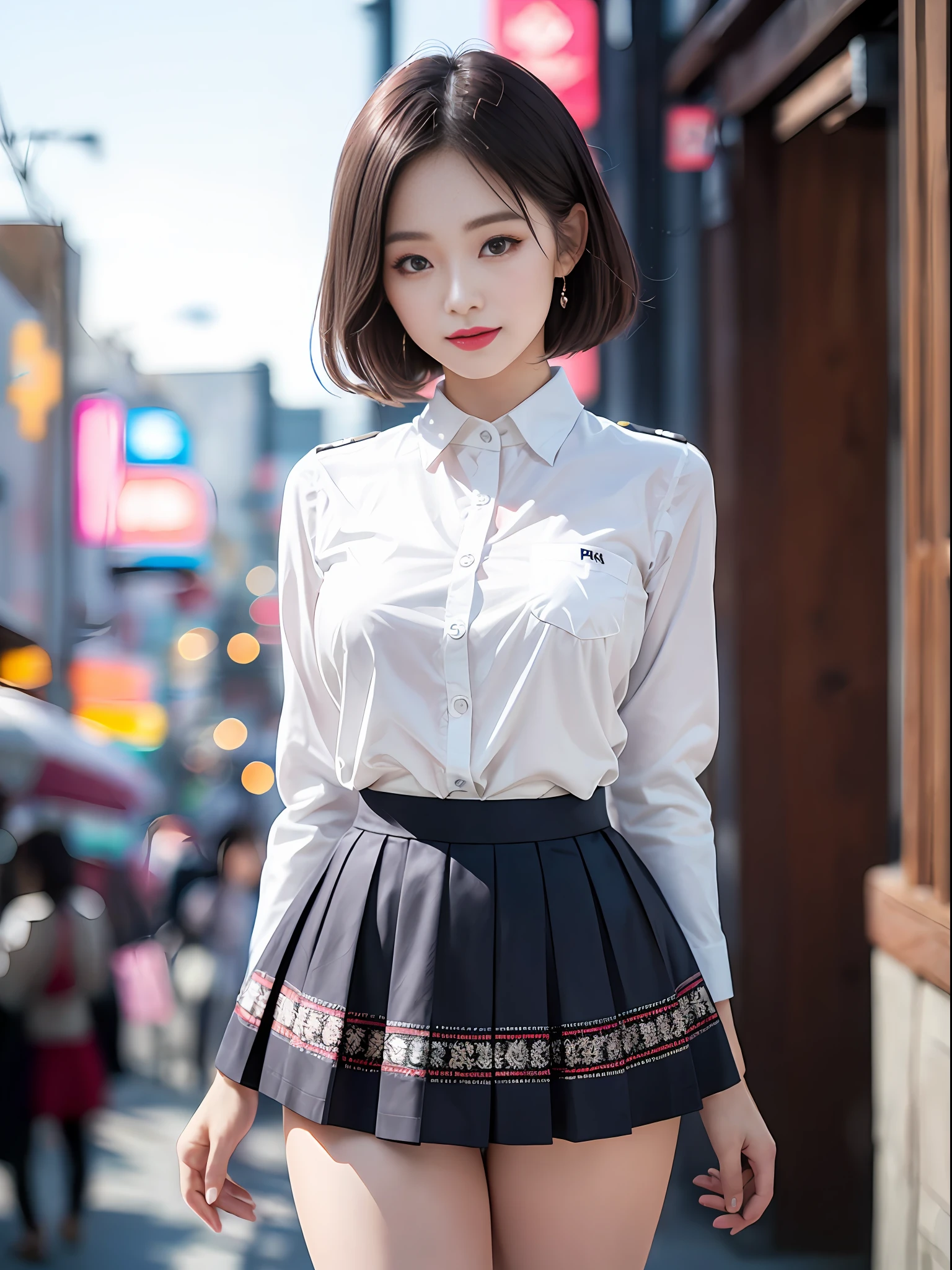 ((Best Quality, 8K, Masterpiece: 1.3)), Super Cute Beautiful Woman, 1 Girl, (Beautiful Breasts:1.3), (Abs, Slender Figure: 1.1), Sharp Focus, (((Intricate Details)), High Detail, Upper Body, One Girl, Black Straight Hair with bangs, Japan  Uniform, White sailor clothes, navy Pleats Skirt, knee-length skirt, 8K, 8K Resolution, clean detailed face, Detailed Body, Detailed Clothes, Sharp Images, Japan Anime Concept Art, trending on Pixiv, looking the viewer, facing the viewer, seductive model pose, seductive smile, pink lipstick, bokeh, field of depth, 8 life size, 8k resolution, upper body image, shot on EOS 5D Mark IV, 35mm lens, f1.8,
