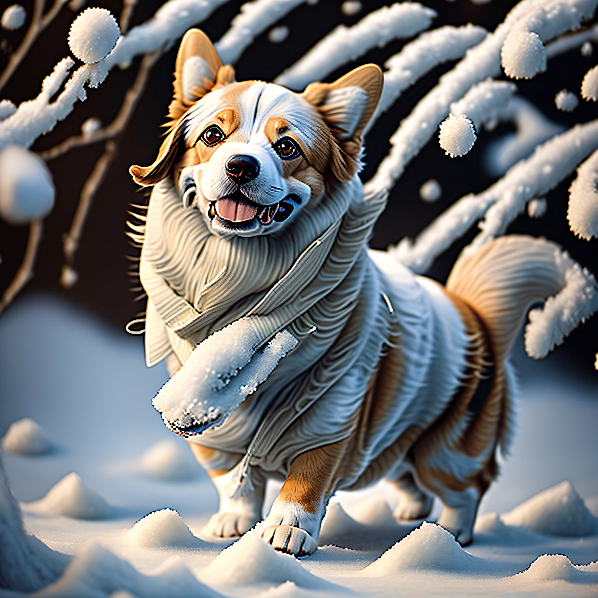 ((Corgi)) There is a dog standing in the snow, fat dog, fluffy body, cute dog photo, fluffy, chunky, it has a wobbly chubby belly, realistic anime dog