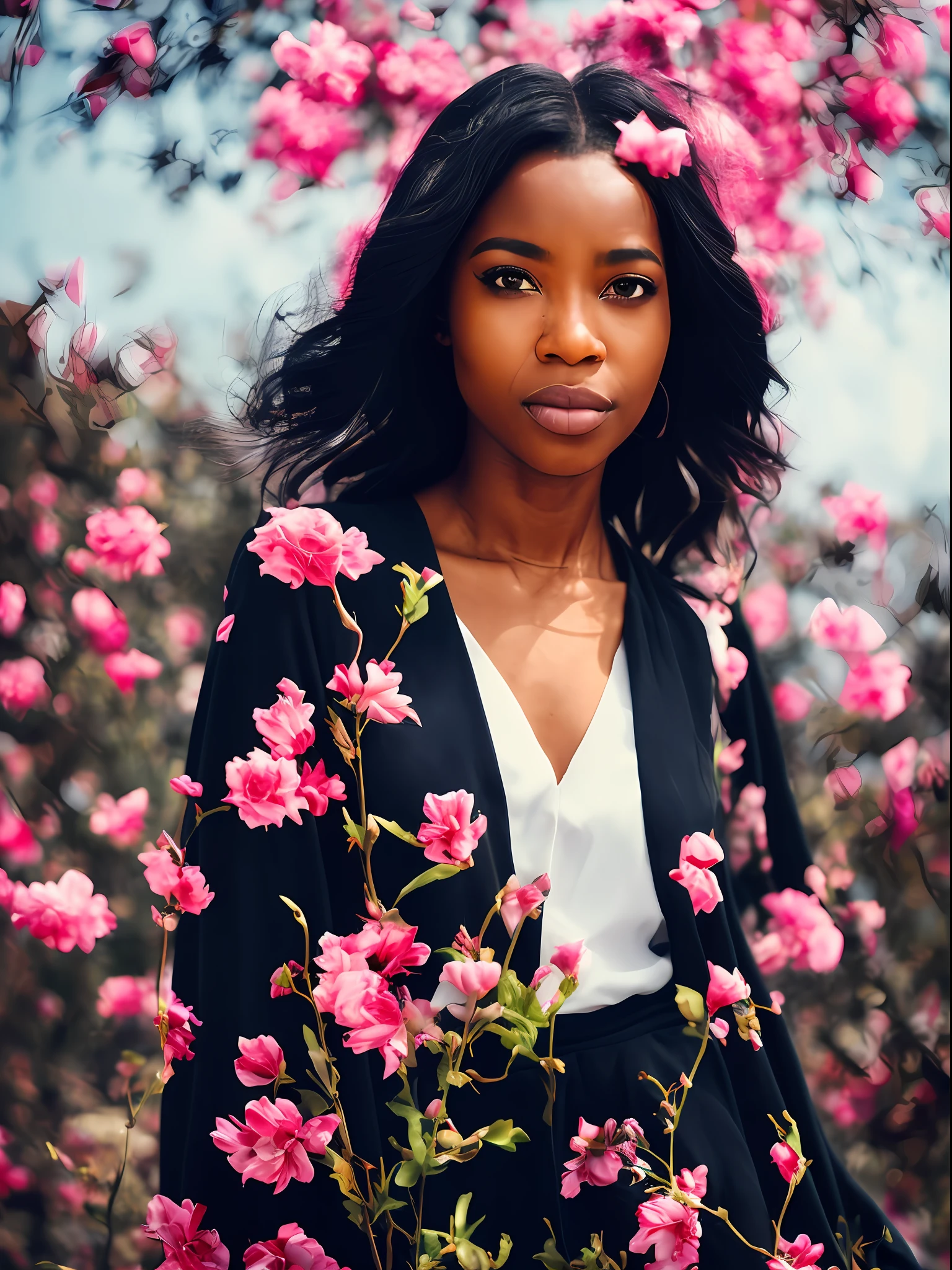 very super hyper realistic close up portrait of a beautiful ((black dark skinned)) 27 year old ((African female)) on a marble platform in a very colourful flower filled plain on a bright sunny day, sun in sky, super realistic facial features, colourful futuristic clothes, sunny, raw, epic, film stock, sky full of birds, brightly lit, African woman wearing flowing robes flapping in the wind, patterns from dress fly into the wind — shot on Kodak Ektar 100, ground level view, dark natural lighting, epict, 4k, ((off camera flash)) - shot with in a ((creative camera angle)) to produce round effect with blur at edges — Leica M6, Kodak Portra 400 film, 50mm lens, with ((double exposure and long exposure techniques)) ((motion blur))) — David Fincher, Emmanuel Lubezki, Gordon Parks, Daido Moriyama, and Akinbode Akinbiyi