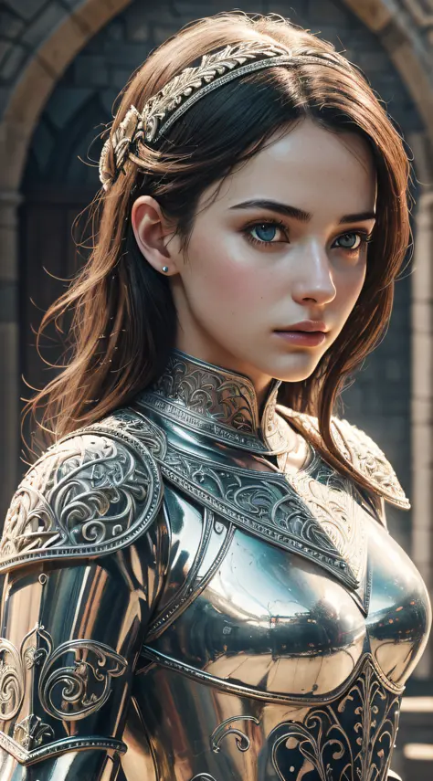 (masterpiece), (extremely intricate:1.3), (realistic), portrait of a girl, the most beautiful in the world, (medieval armor), metal reflections, upper body, outdoors, intense sunlight, far away castle, professional photograph of a stunning woman detailed, ...