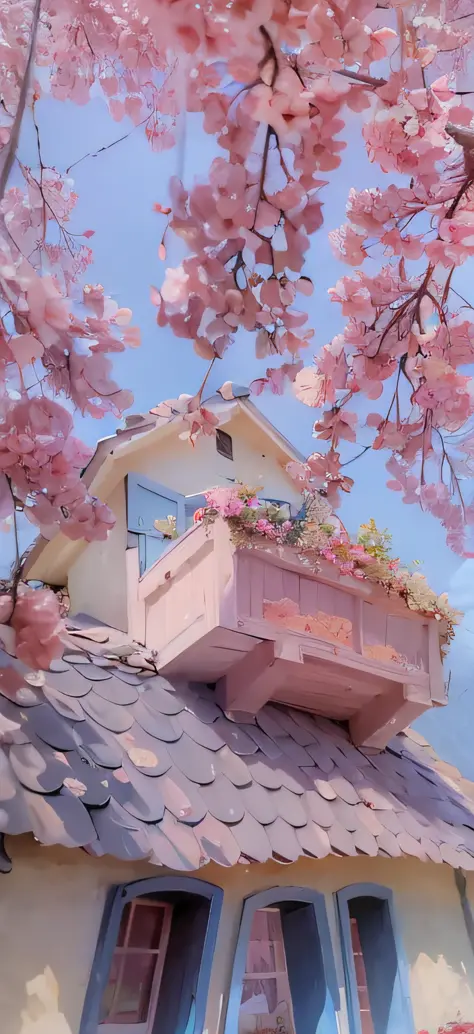 there is a pink flower box on the roof of a house, dreamy aesthetic, studio ghibli aesthetic, anime aesthetic, cottagecore!!, fa...