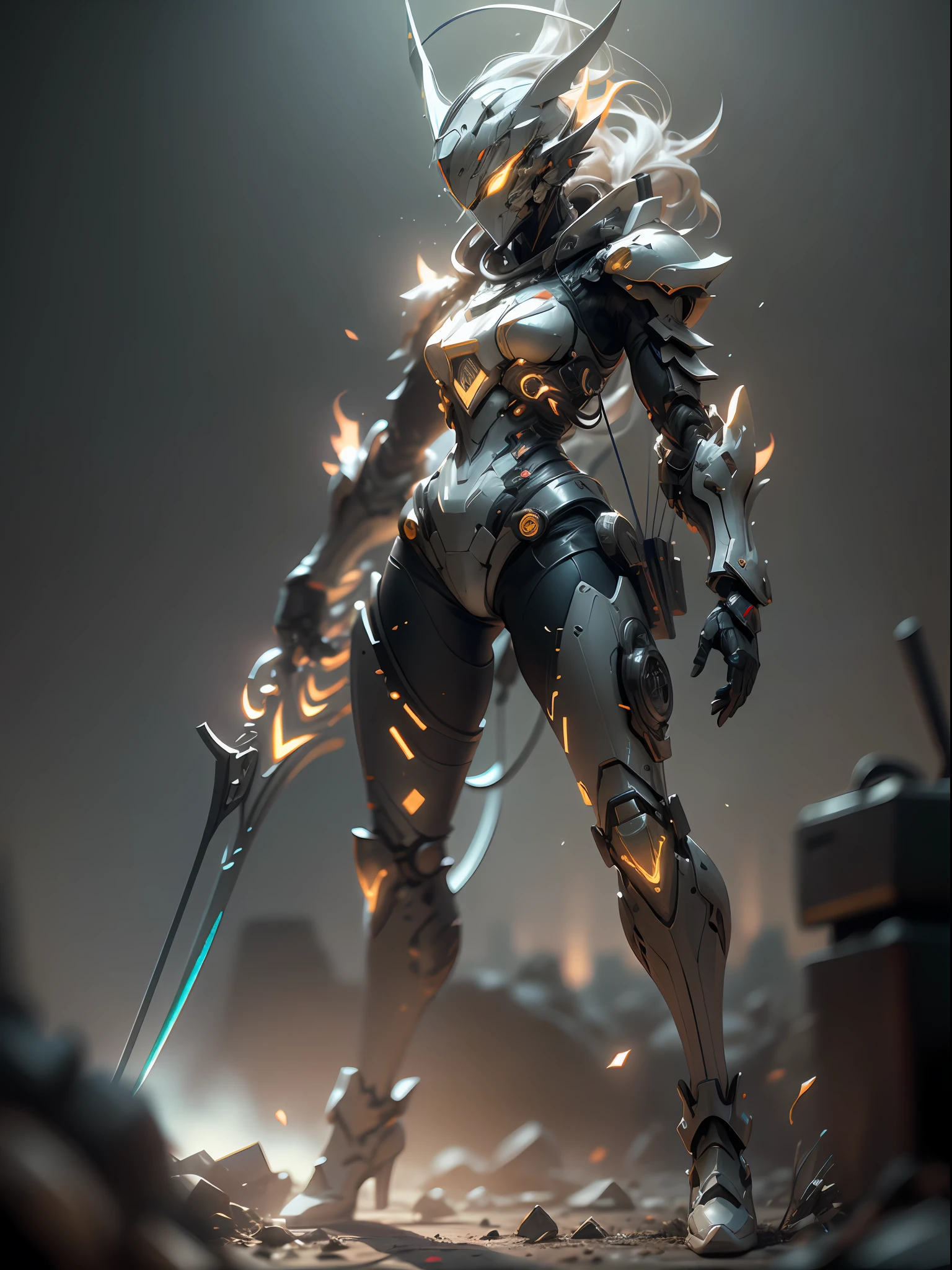 Ghost shooter with huge bow and arrow, super cool ghost shooter, wearing orange mechanical armor, huge bow and arrow, arrow feathers, open bow and arrow pose, tall, tall body, perfect body proportions, super detail, IP by pop mart, edge light, avatar, octane rendering, blender, full body, clean black background, 3d, c4d, best quality, very detailed, ancient technology, HDR (high dynamic range), ray tracing, nvidia RTX, super resolution, unreal 5, Subsurface Scattering, PBR Texture, Post Processing, Anisotropic Filtering, Depth of Field, Maximum Sharpness and Acutance, Multilayer Texture, Albedo and Highlight Mapping, Surface Shading, Accurate Simulation of Light-Material Interactions, Perfect Proportions, Octane Rendering, Duotone Illumination, Low ISO, White Balance, Rule of Thirds, Wide Aperture, 8K RAW, High Efficiency Sub-Pixel, Subpixel Convolution, Glowing Particles, Light Scattering, Tyndall Effect