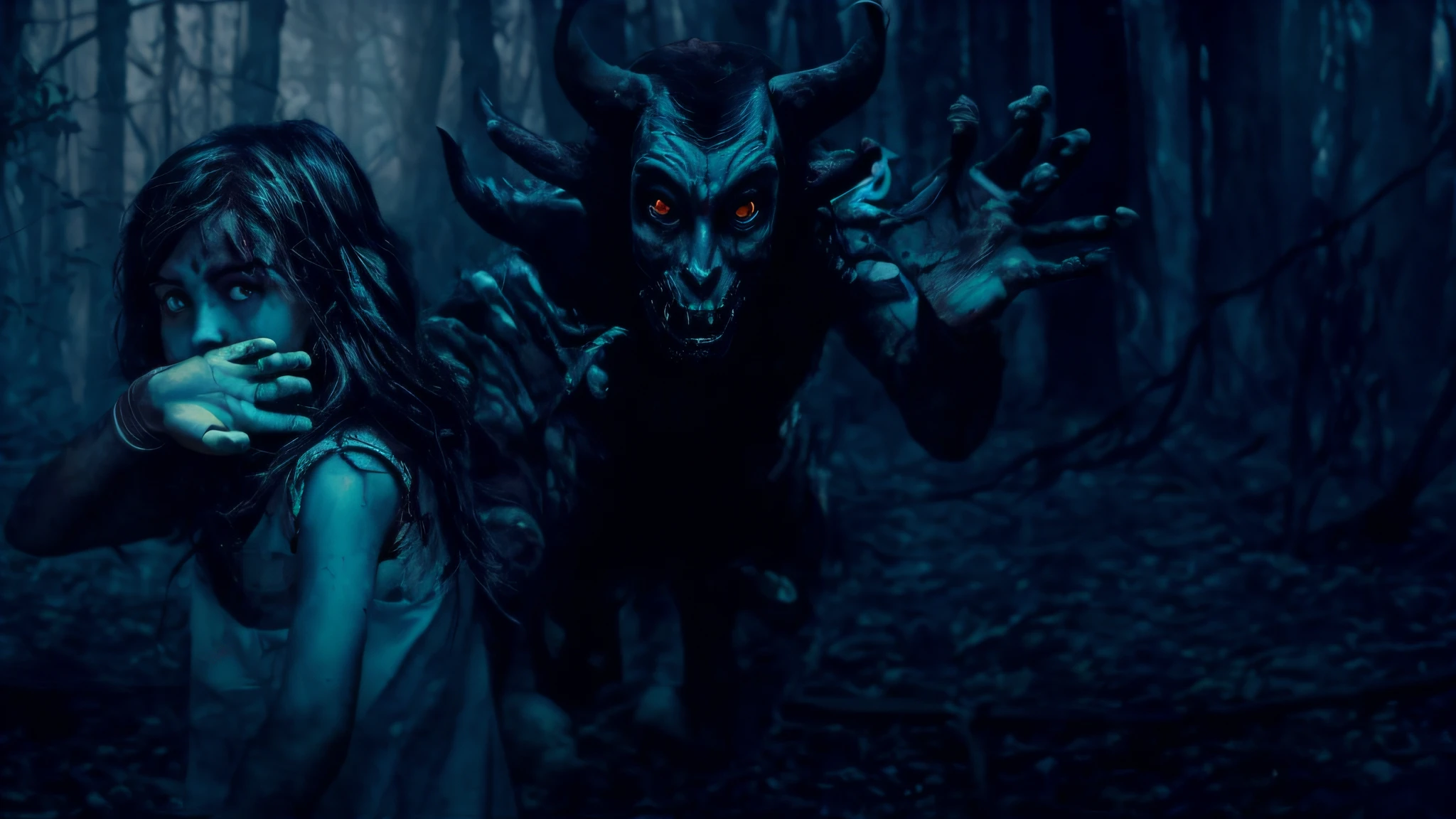 arafed woman with horns and a demon face in a forest, conjuring a demon, summoning a demon, still from a fantasy movie, the wendigo, wendigo, scary horrifying satanic rituals, horror cgi 4 k, making a deal with the devil, diablo 4 lilith, conjure devils, still from horror movie, demonic creature --auto