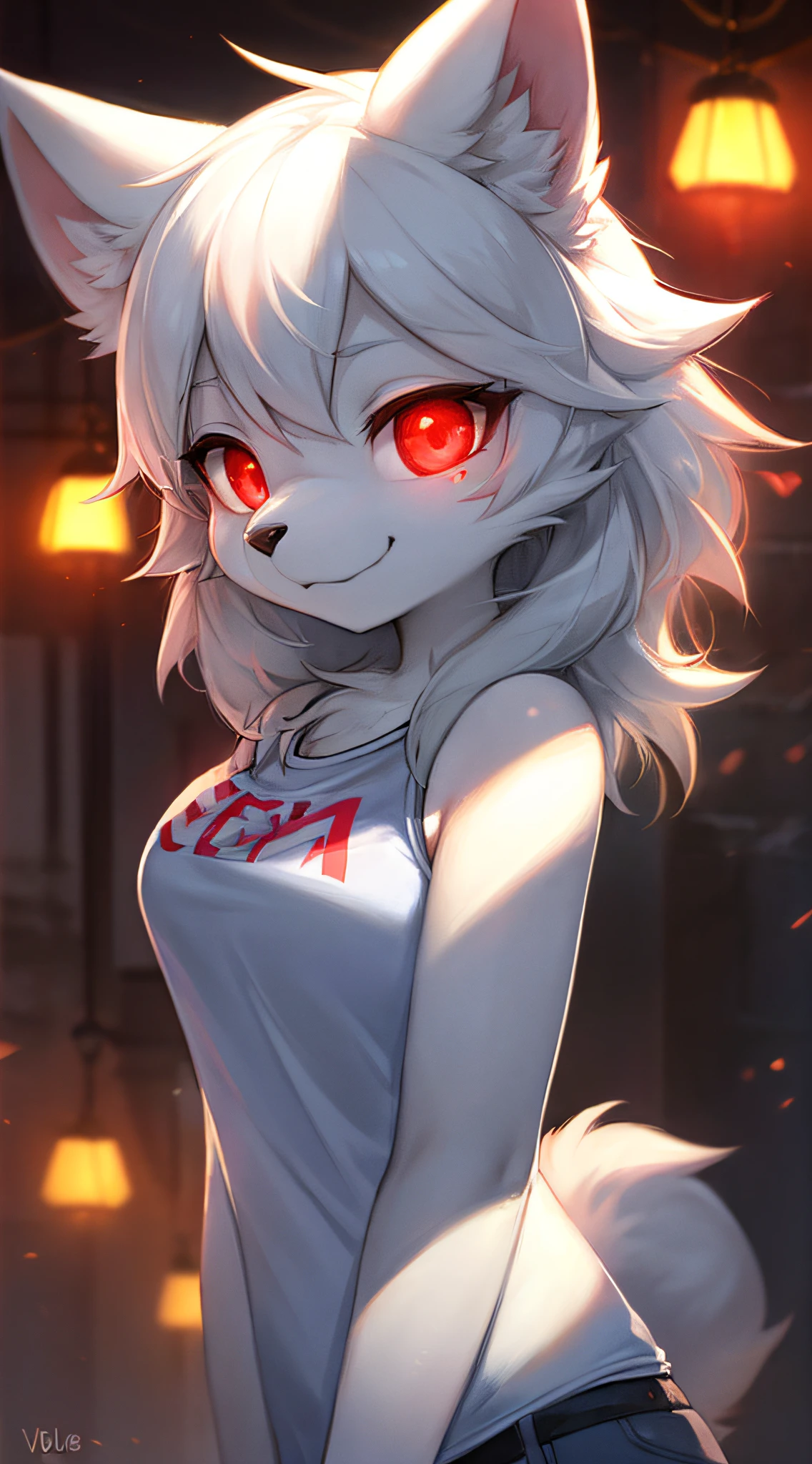 furry, white fur, ultra cute face, red elements on fur, glowing t-shrt, beautiful lights and shadows, ambient light, ultra detailed fur, volumetric light
