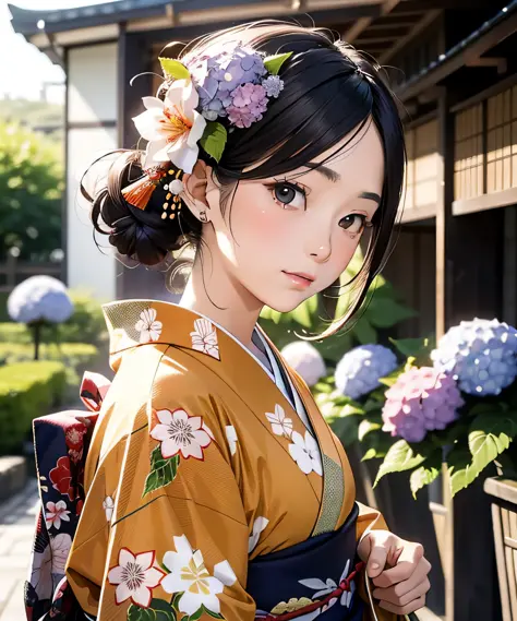 Masterpiece, realistic, Japan kimono woman with unaju, 18 years old, hydrangea patterned kimono, hydrangea shaped hair ornament