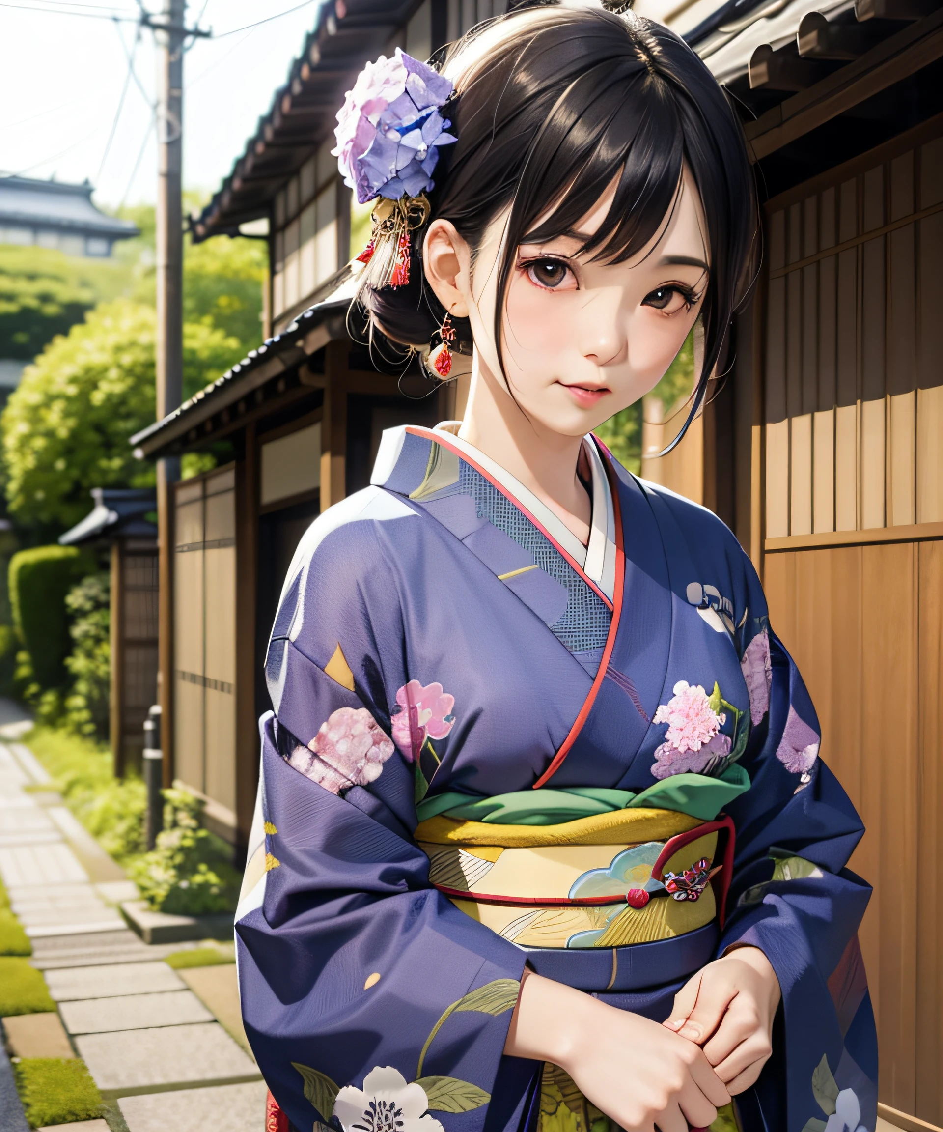 Masterpiece, realistic, Japan kimono woman with unaju, 18 years old, hydrangea patterned kimono, hydrangea shaped hair ornament