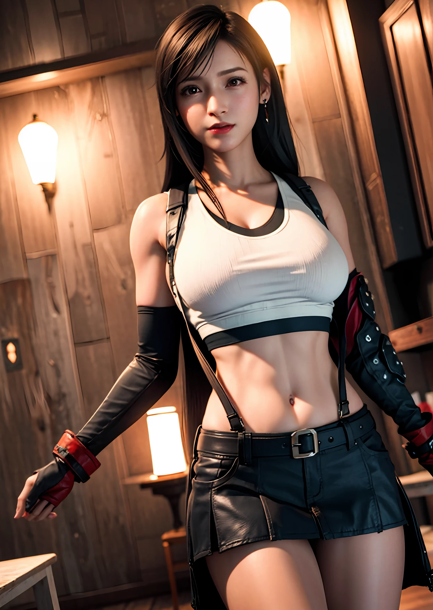 (Photorealistic: 1.4), top quality, very delicate and beautiful, high resolution, 1girl, tifa_lockhart, smile, cowboy shot, suspenders, low rise, mini skirt, tank top, tense shirt, black hair, long hair, elbow gloves, beautiful detailed red eyes, face light, movie lighting, navel, high exposure, abdomen exposure, ribs, abs, ( gigantic breasts: 1.2), dynamic poses, dynamic angles,