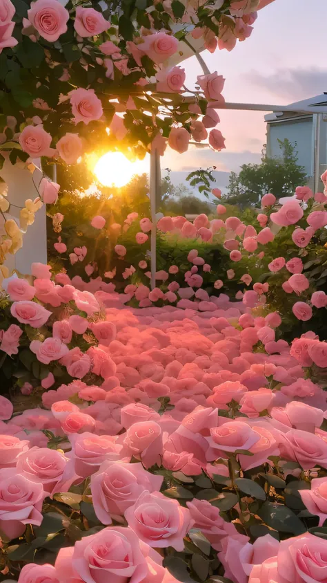 pink roses are in the foreground of a garden with a sunset in the ...