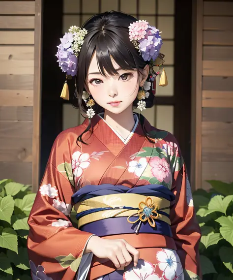 Masterpiece, realistic, Japan kimono woman with unaju, 18 years old, hydrangea patterned kimono, hydrangea shaped hair ornament, photorealistic