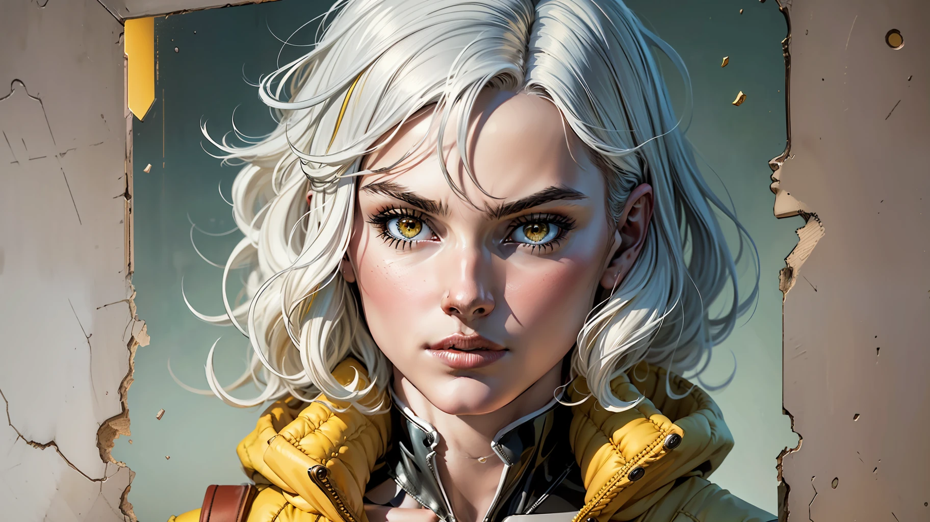 (1girl, solo, total height: 1.5) award-winning photograph, girl (young, sweet face: 1.1), thin, fragile, straight hair, shaggy white hair, (yellow coat with yellow details, killer style coat, costume (pants), boots), black clothes, bright eyes, white hair, short hair, furrowed brow, jpeg artifacts, chiaroscuro, tachi-e, projected inset, three sided view, multiple views, UHD, retina, masterpiece, ccurate, anatomically correct,  textured skin, super detail, high details, high quality, award winning, best quality, highres, highres, 4K